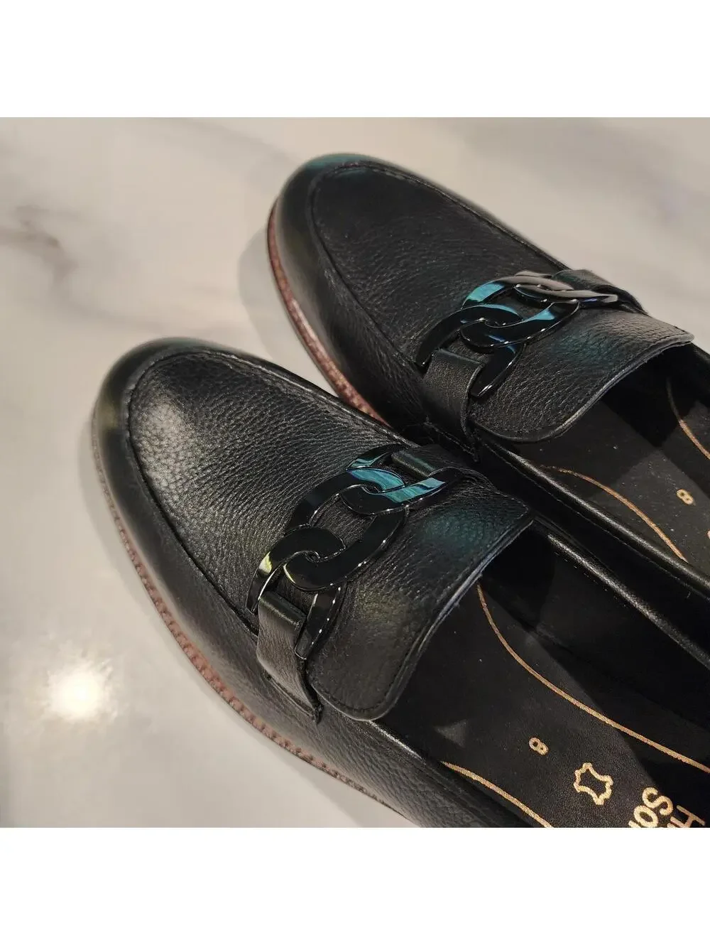 Ara Black Leather Loafers Women's Size 10 Chain Accent Comfort Shoes NWOB